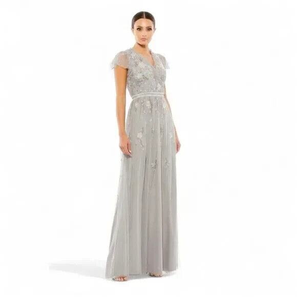 MAC DUGGAL EMBELLISHED‎ ASYMMETRICAL WRAP CAP SLEEVE GOWN GRAY 9138 SZ 18 NEW - Picture 1 of 6